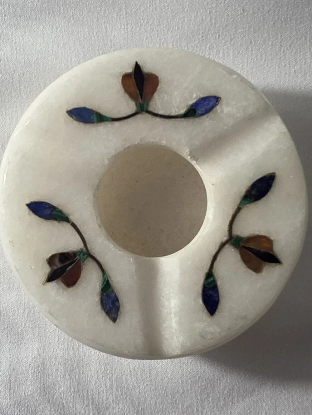 Indian Marble Pietra Dura Floral Inlay Ashtray Trinket Dish Candle Holder